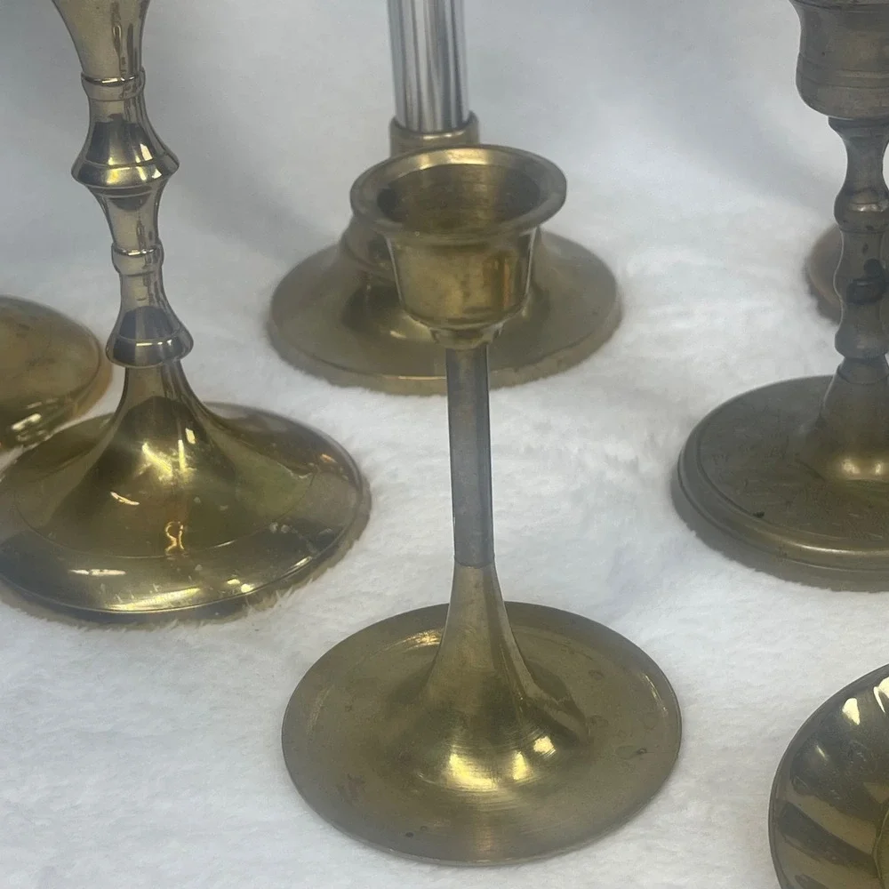 Vintage Brass Candle Holder Set of 8 Mixed Heights Etched Floral Chamberstick